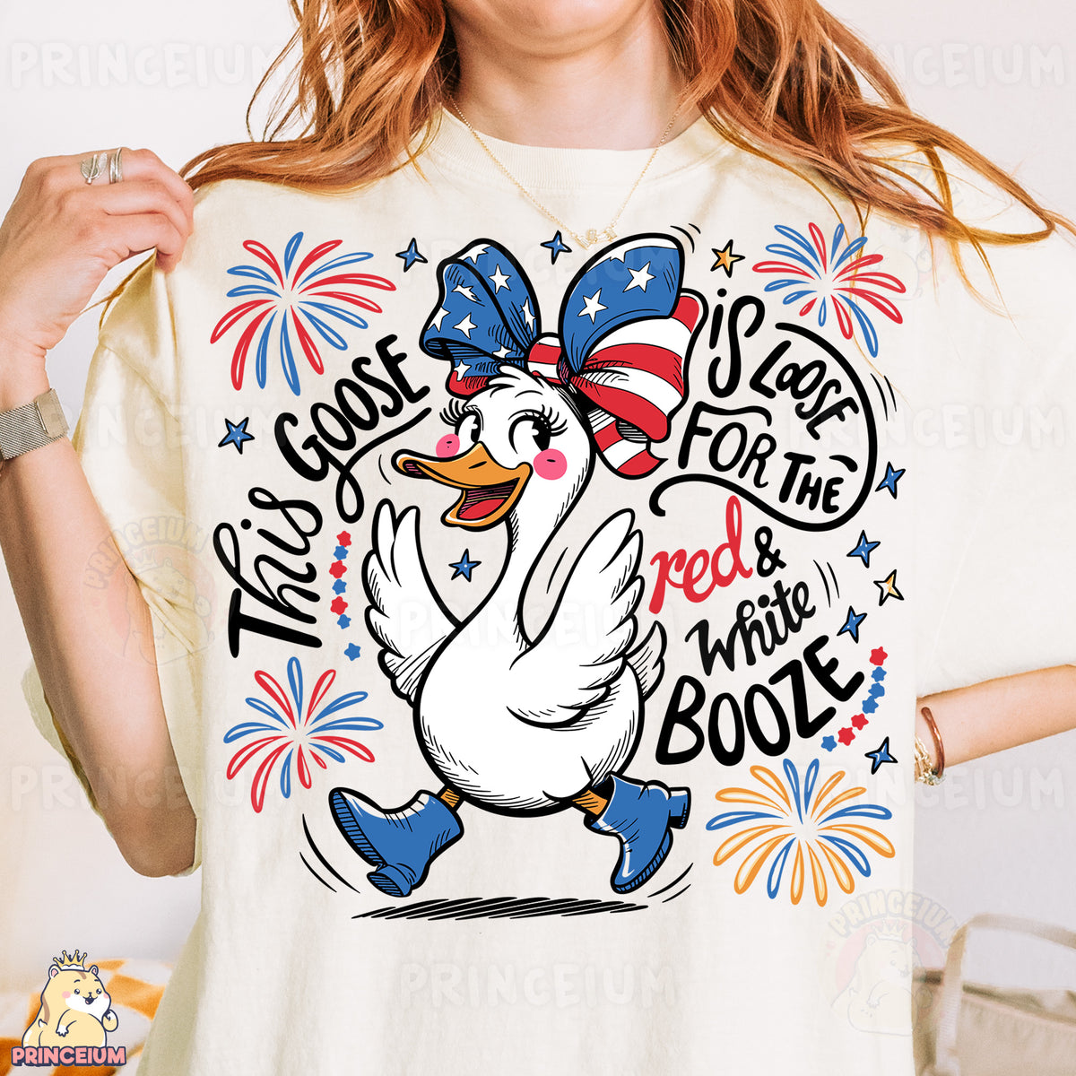 a woman wearing a t - shirt with an image of a duck on it