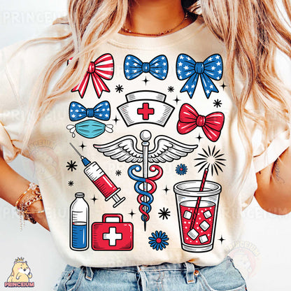a woman wearing a t - shirt with medical symbols on it