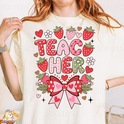 a woman wearing a t - shirt that says teach her