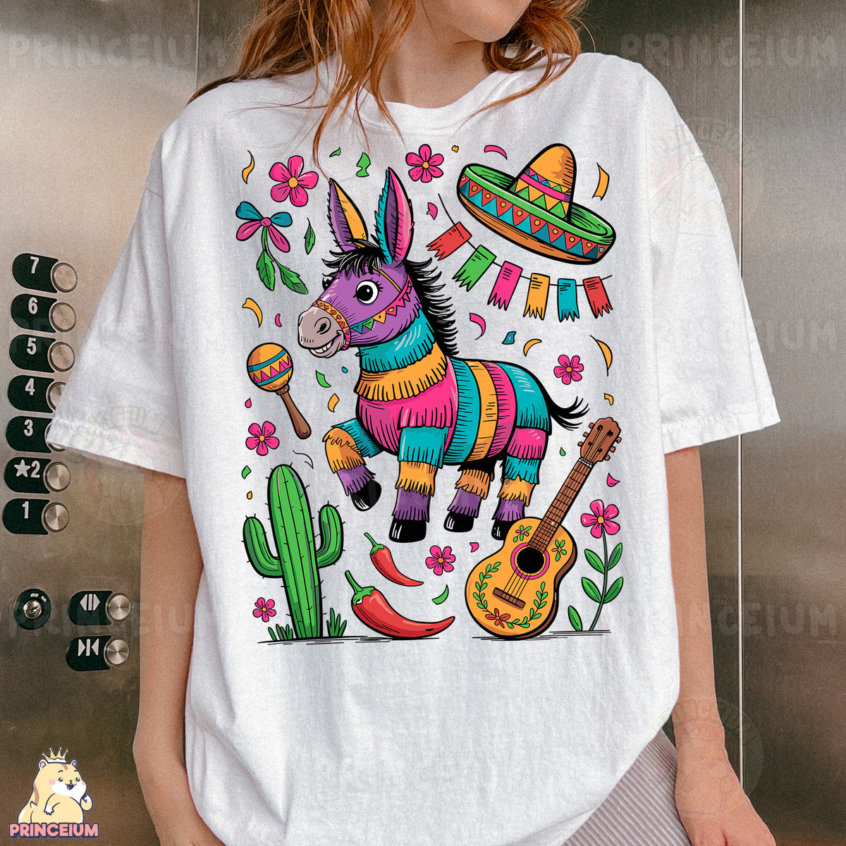 a woman wearing a white shirt with a mexican donkey on it