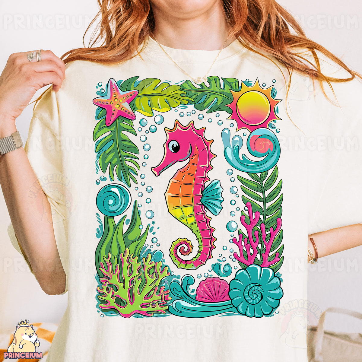a woman wearing a t - shirt with a picture of a sea horse