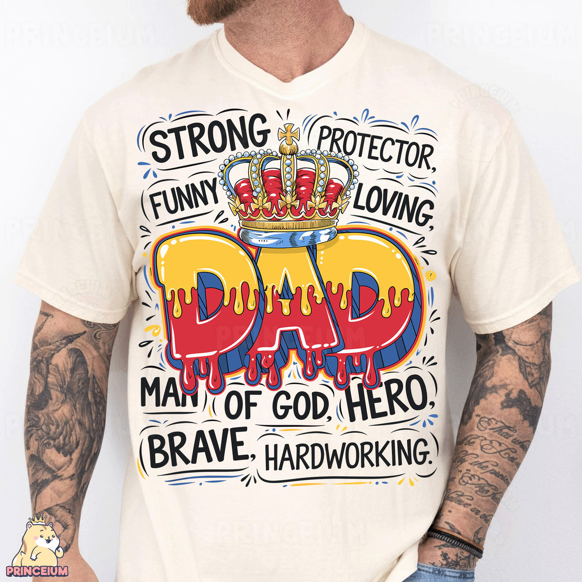 a man wearing a t - shirt with a crown on it