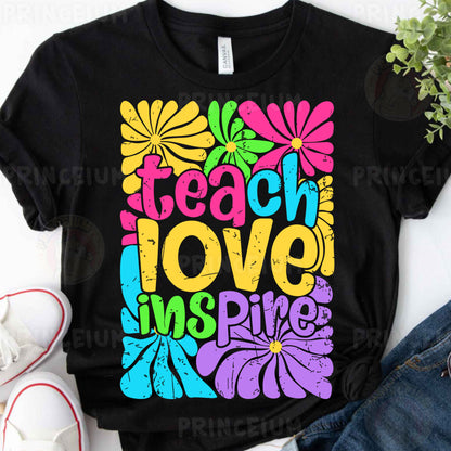 a t - shirt with the words teach love in different colors