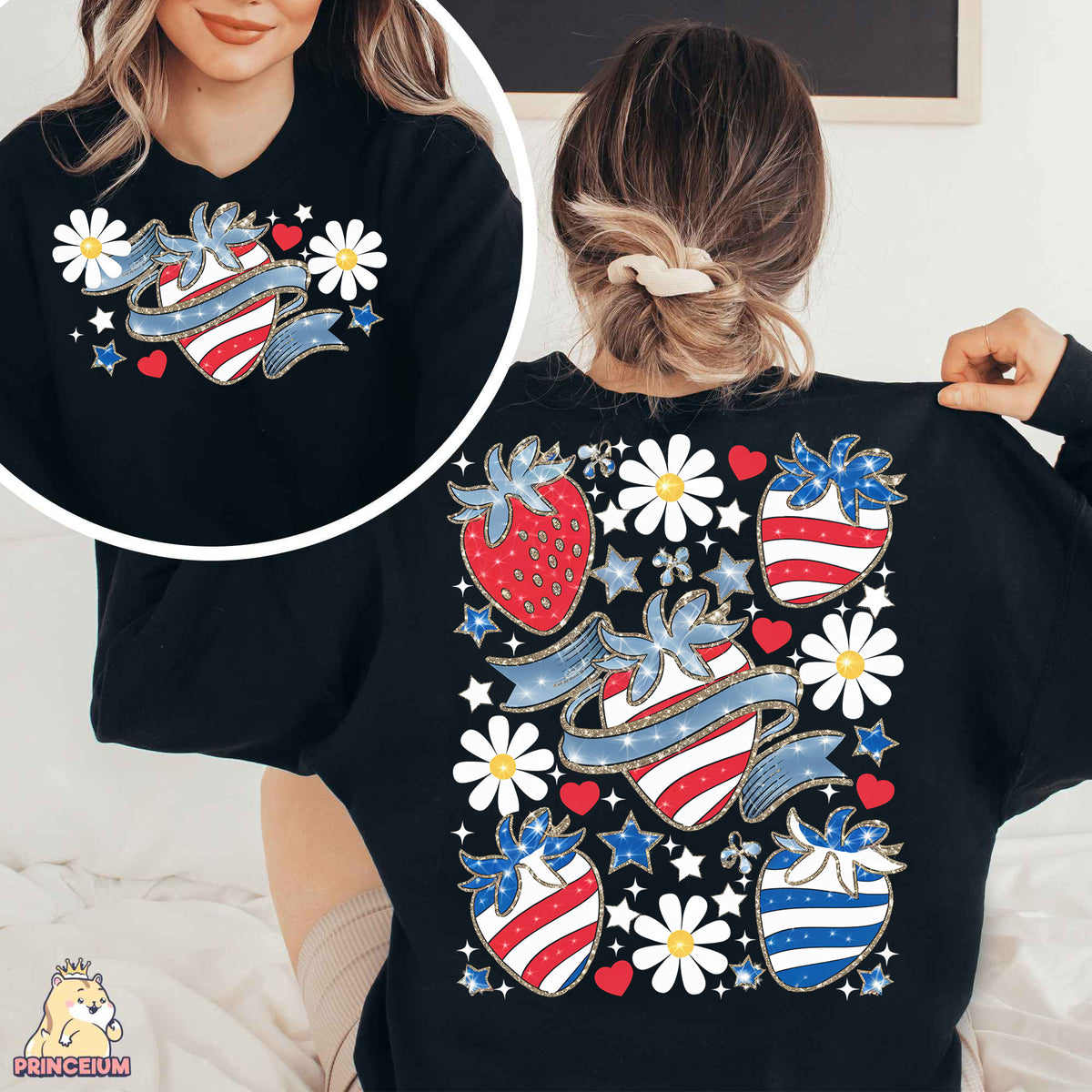 a woman wearing a black shirt with patriotic hearts and flowers on it