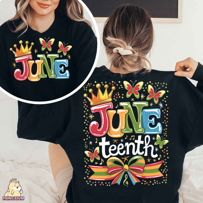 a woman wearing a black shirt with the word june on it