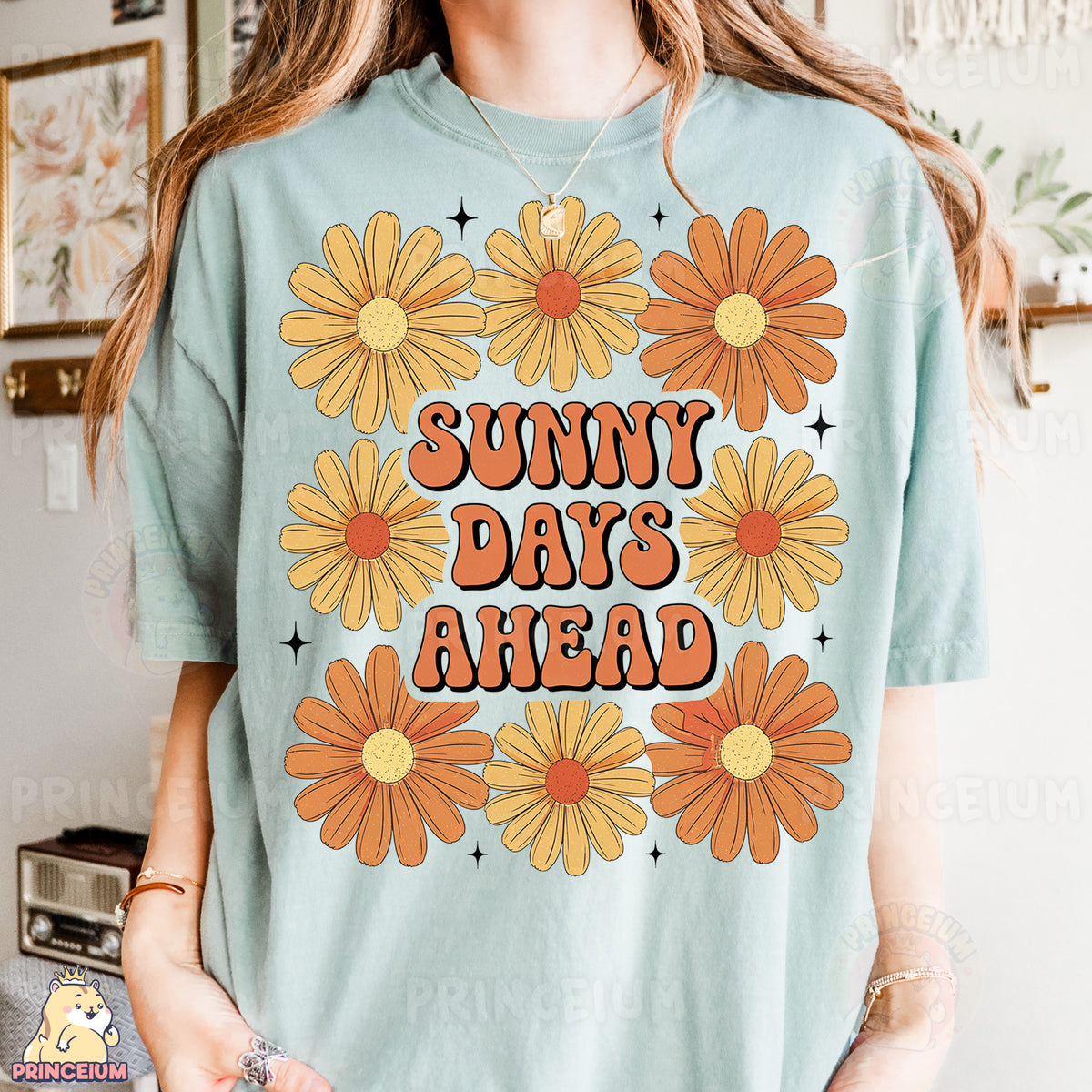 a woman wearing a t - shirt that says sunny days ahead