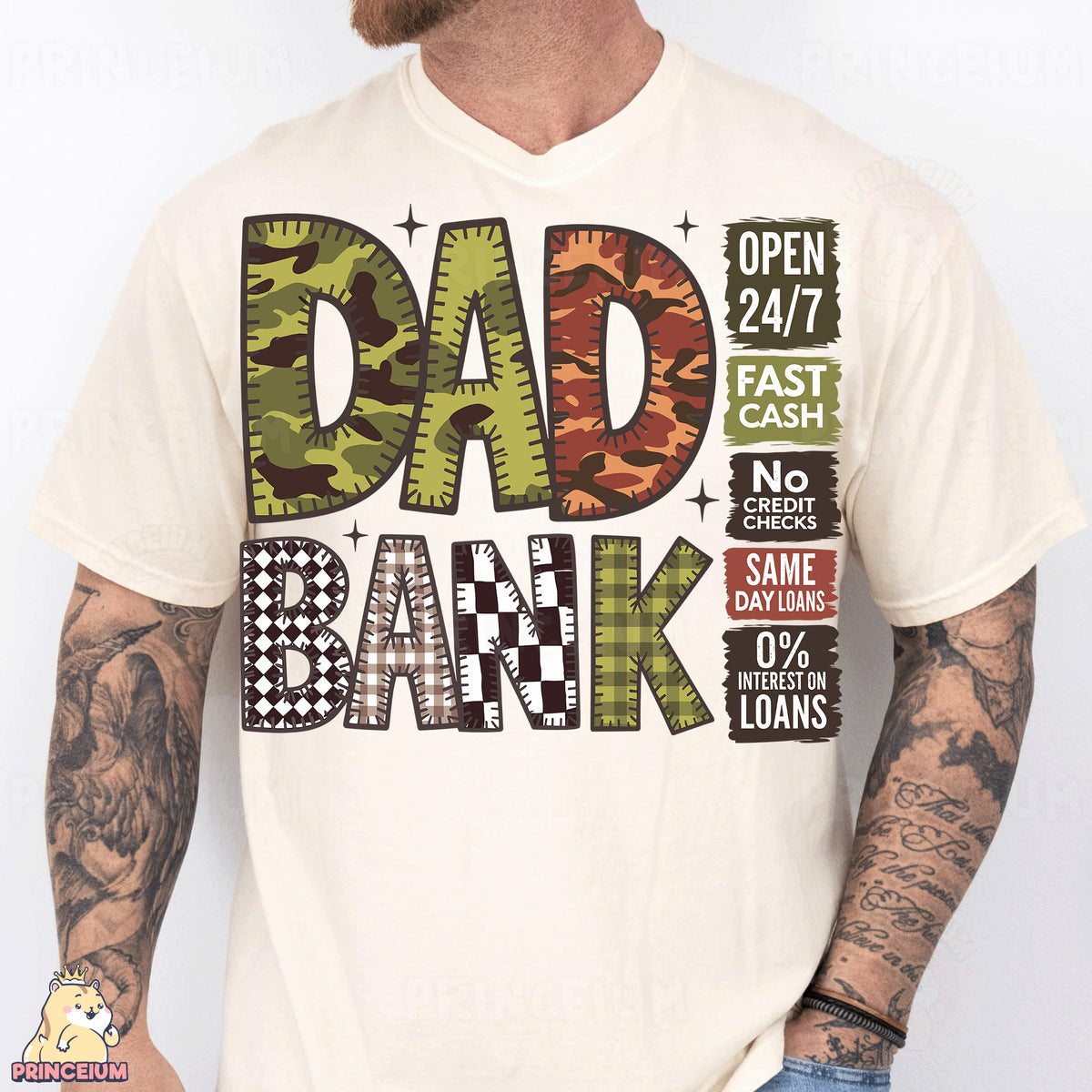 a man wearing a shirt that says dad bank