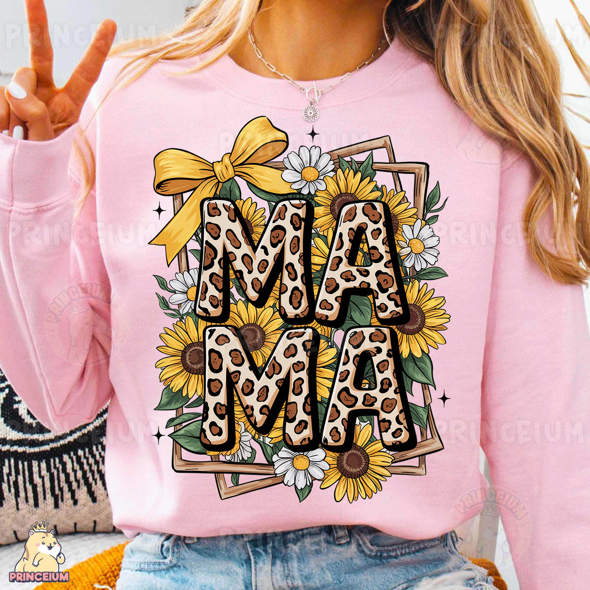 a woman wearing a pink shirt with the word ma ma on it
