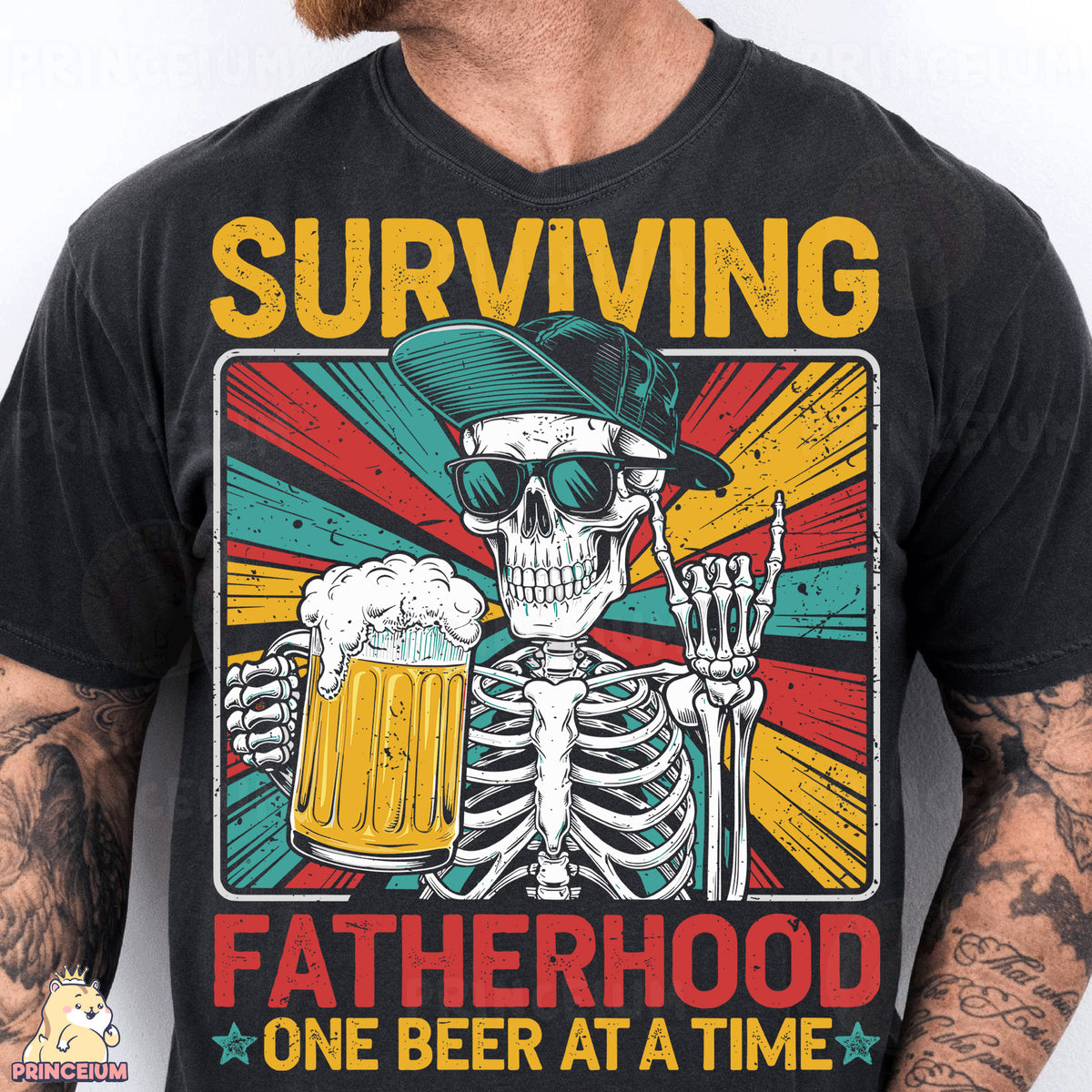 a man wearing a black shirt with a skeleton holding a beer