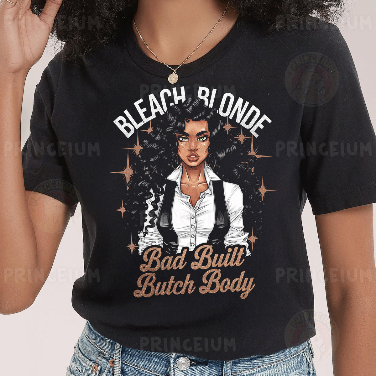 a woman wearing a black shirt with a picture of a woman on it