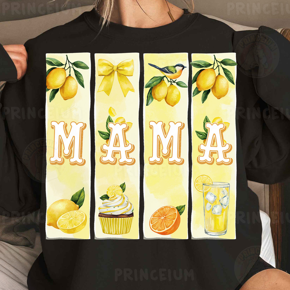 a woman wearing a black shirt with oranges and lemons on it