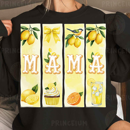 a woman wearing a black shirt with oranges and lemons on it