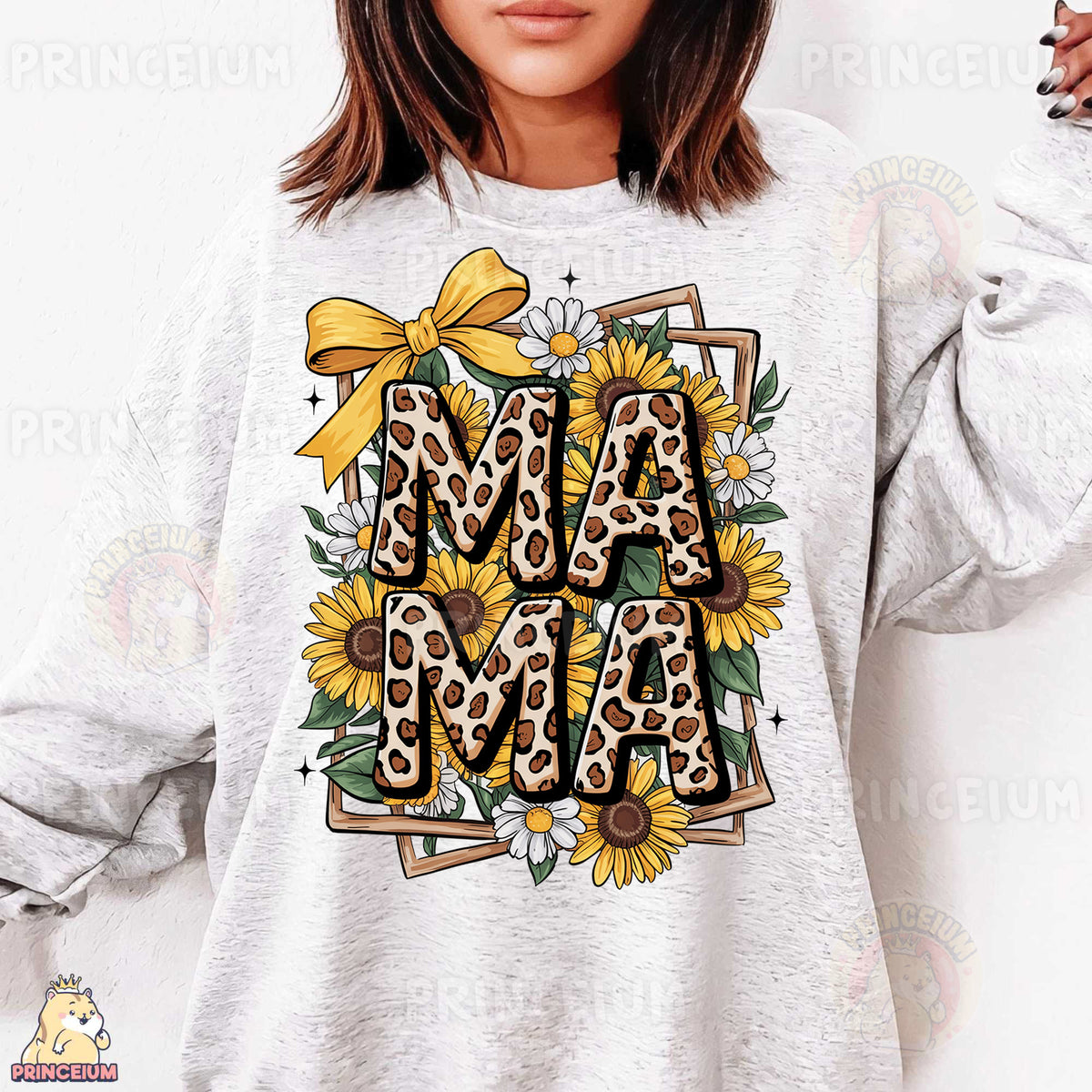 a woman wearing a sweatshirt that says mama with sunflowers