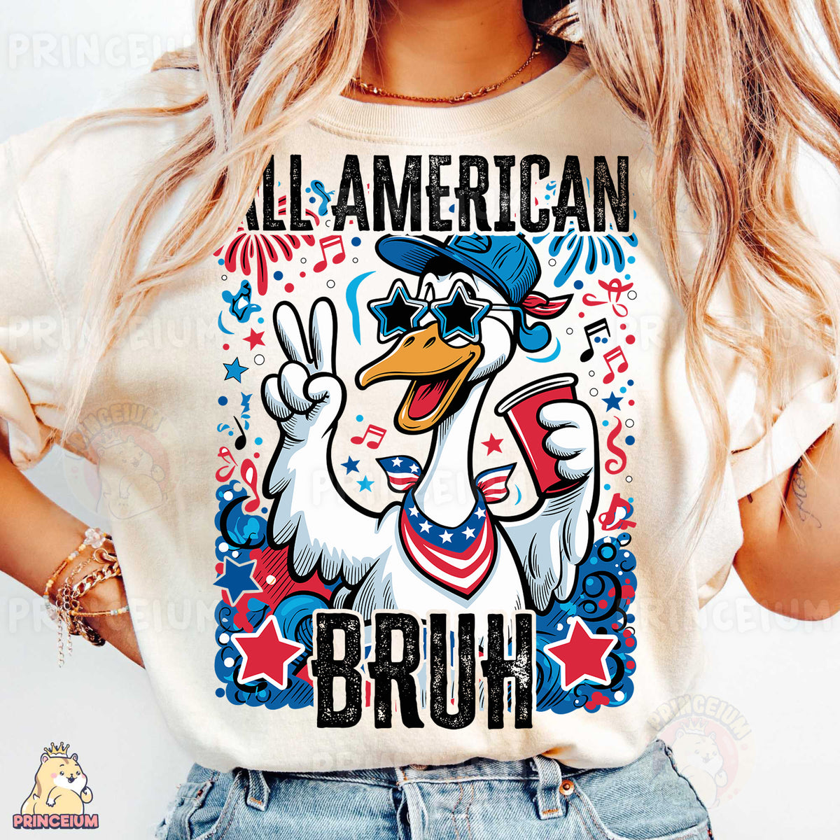 a woman wearing a t - shirt with a cartoon duck on it