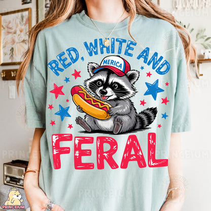 a woman wearing a red, white and blue shirt with a raccoon eating