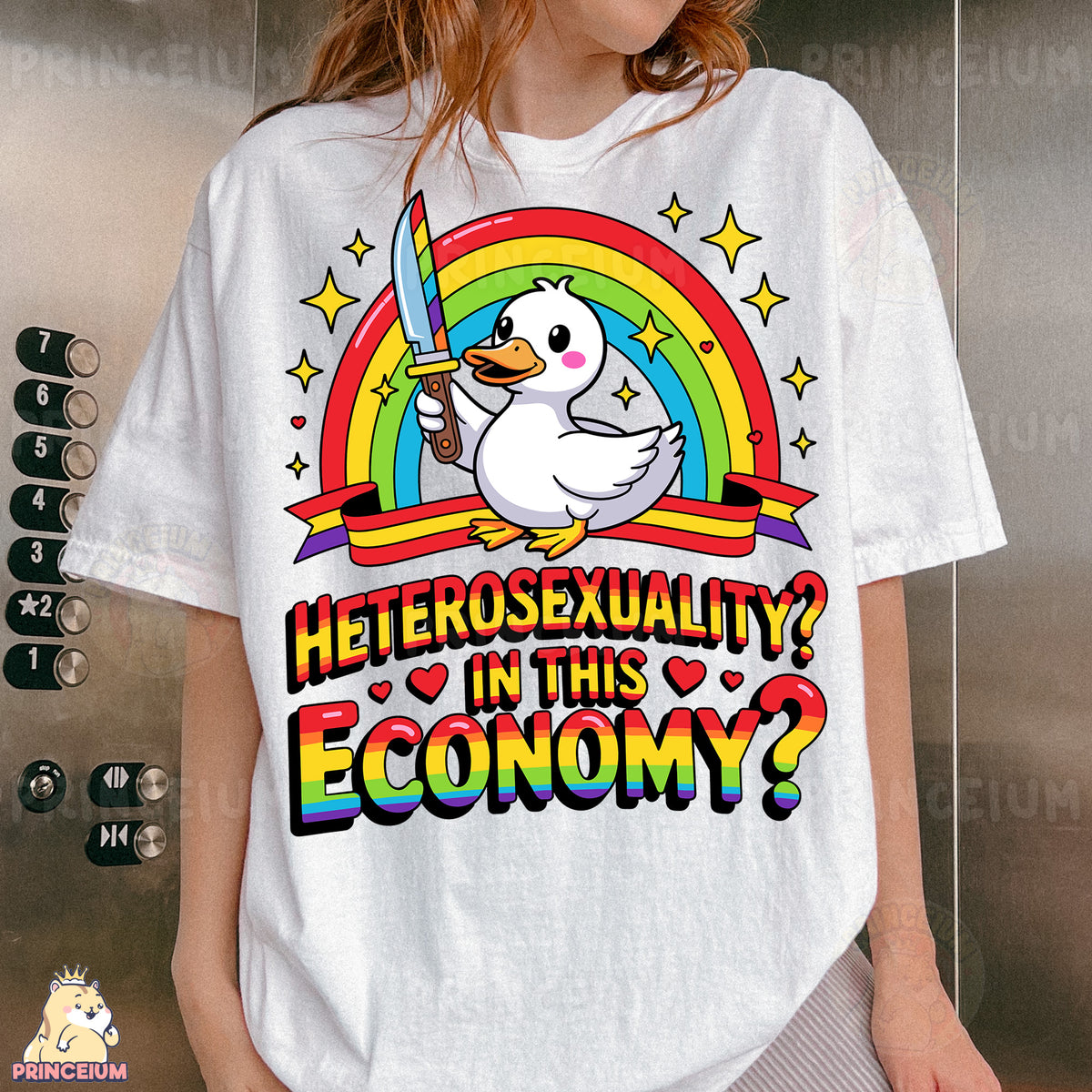 a woman wearing a white shirt with a duck on it