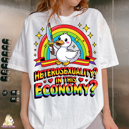 a woman wearing a white shirt with a duck on it