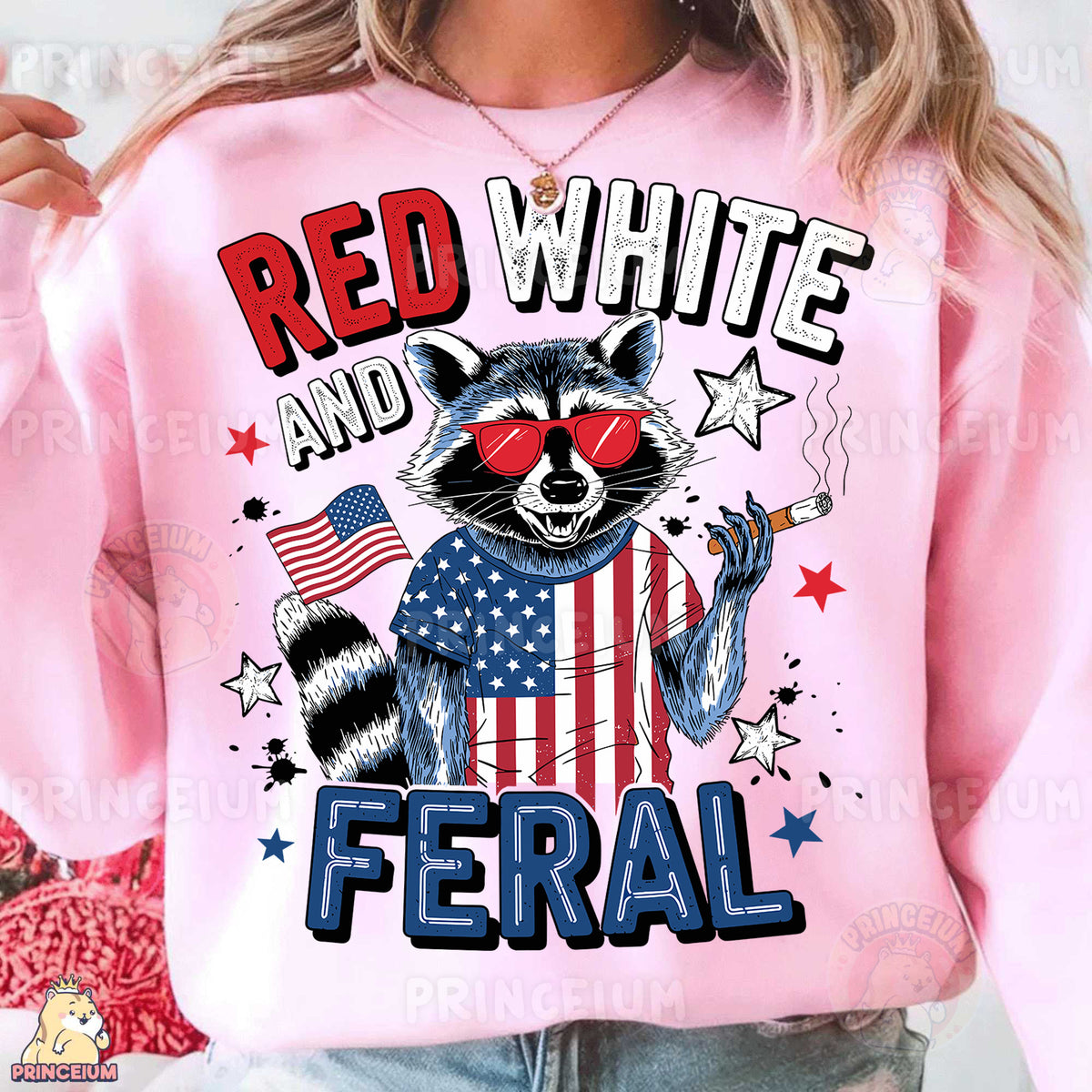 a woman wearing a red, white and blue shirt with a raccoon wearing
