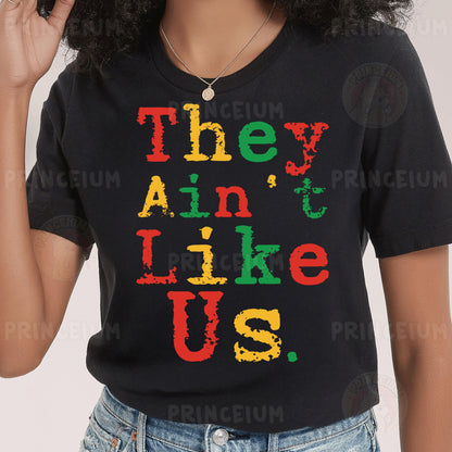 a woman wearing a t - shirt that says they can't like us
