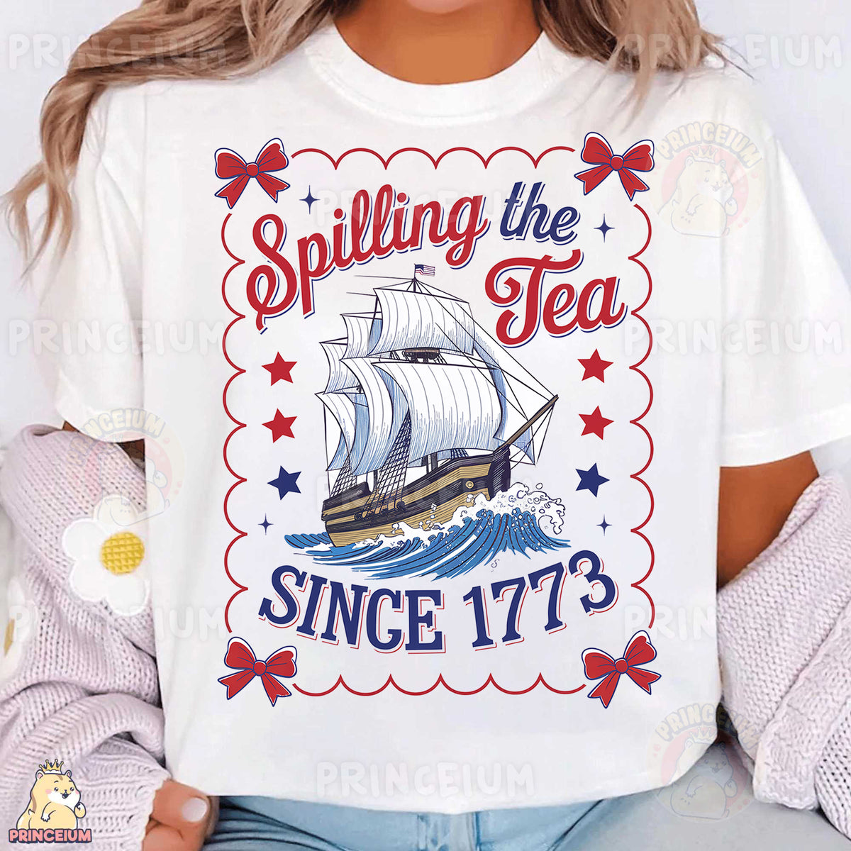 a woman wearing a white shirt with a ship on it