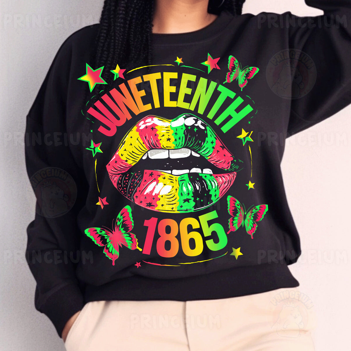 a woman wearing a black sweater with the words juneteeth on it