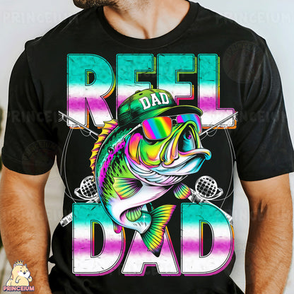 a man wearing a t - shirt that says reel dad