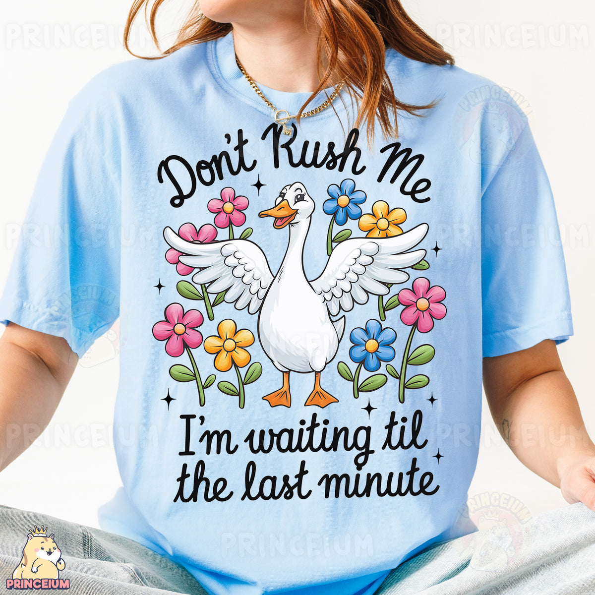 a woman wearing a t - shirt with a duck on it