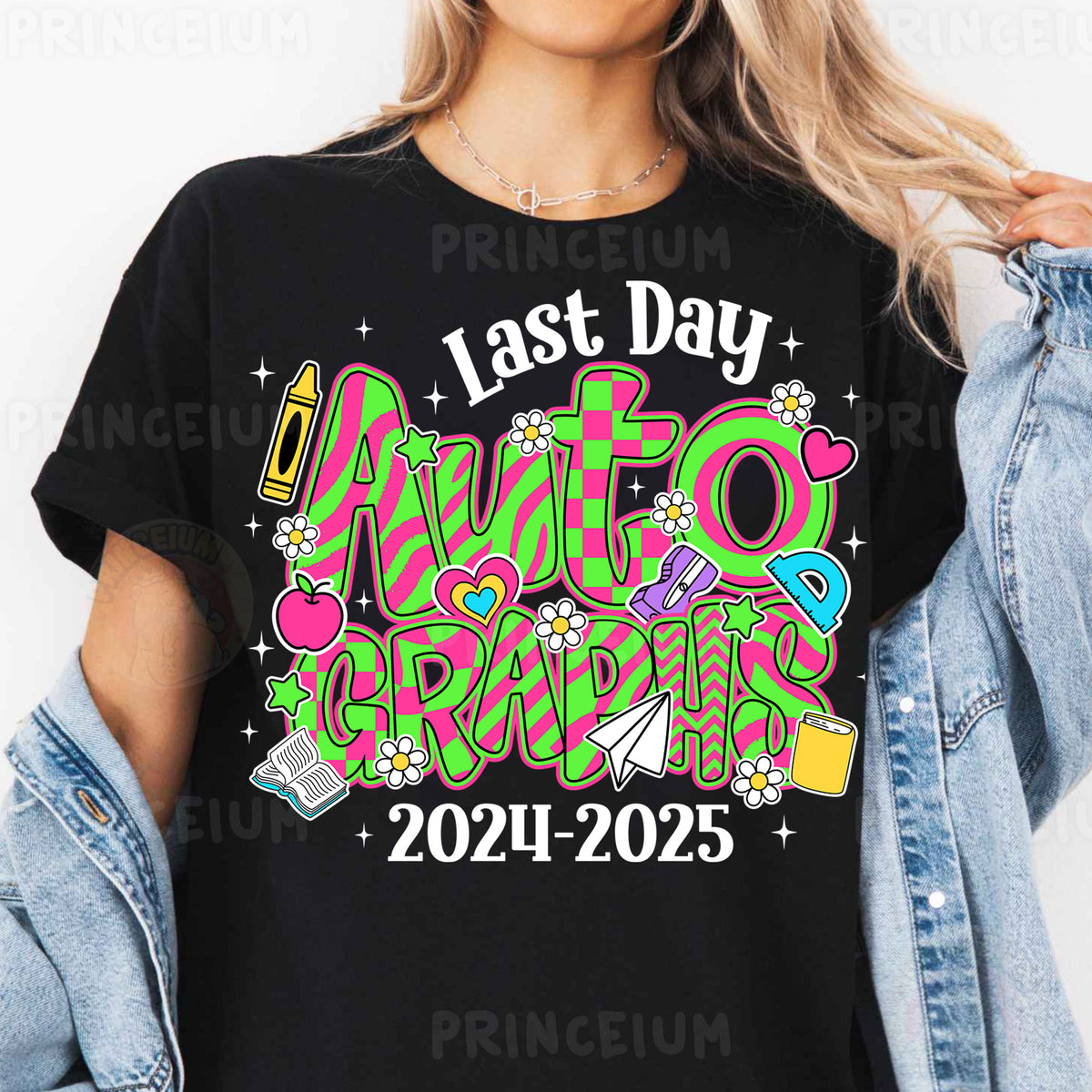 a woman wearing a black t - shirt that says last day autographs