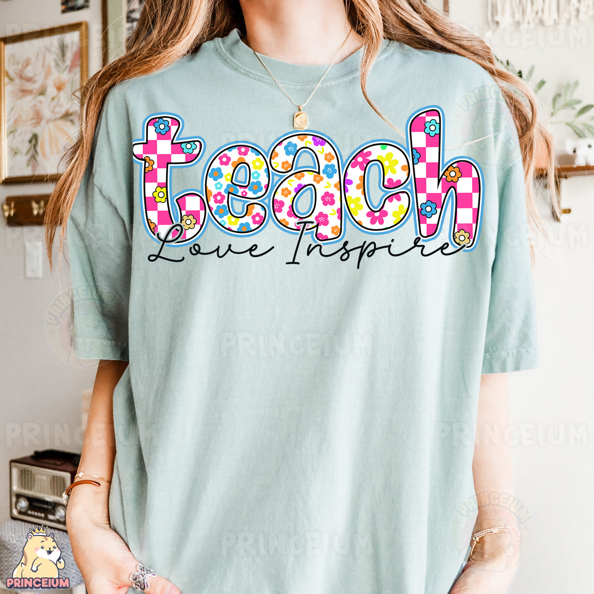 a woman wearing a t - shirt that says teach