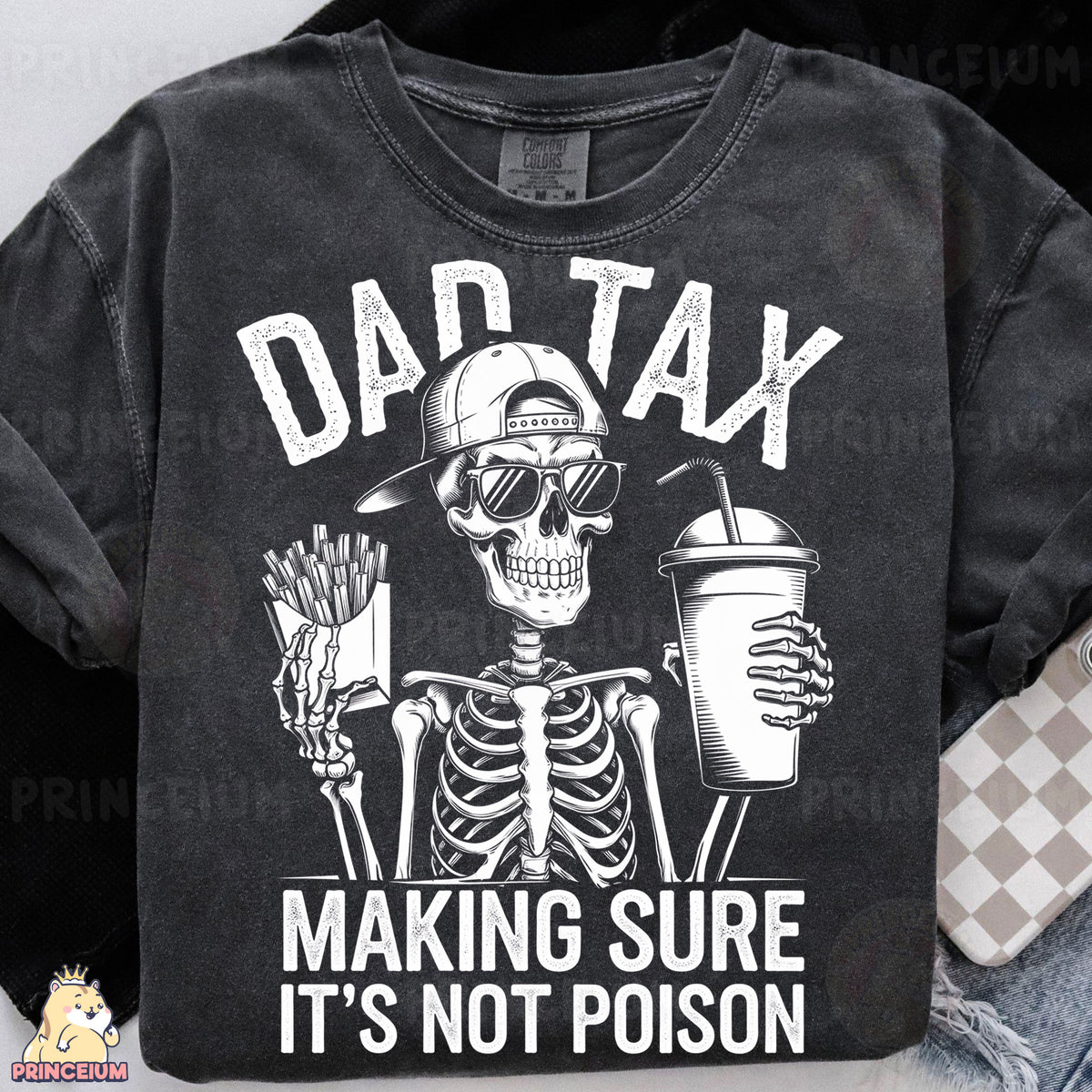 a black shirt with a skeleton holding a drink