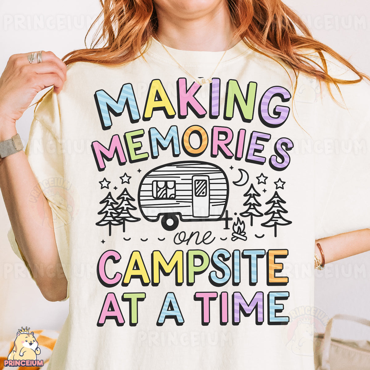 a woman wearing a t - shirt that says making memories campsite at a time