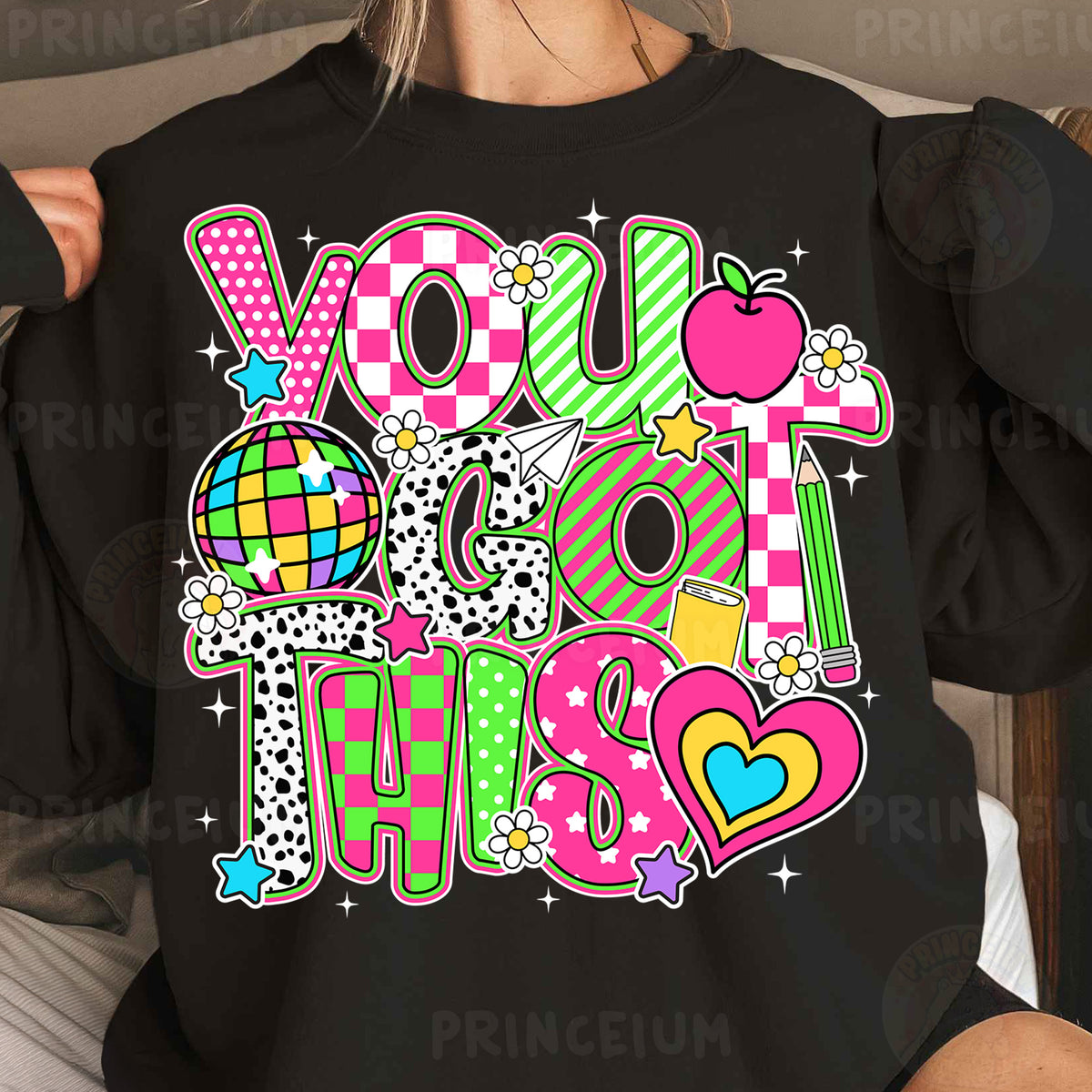 a woman wearing a black shirt with the words you got this on it