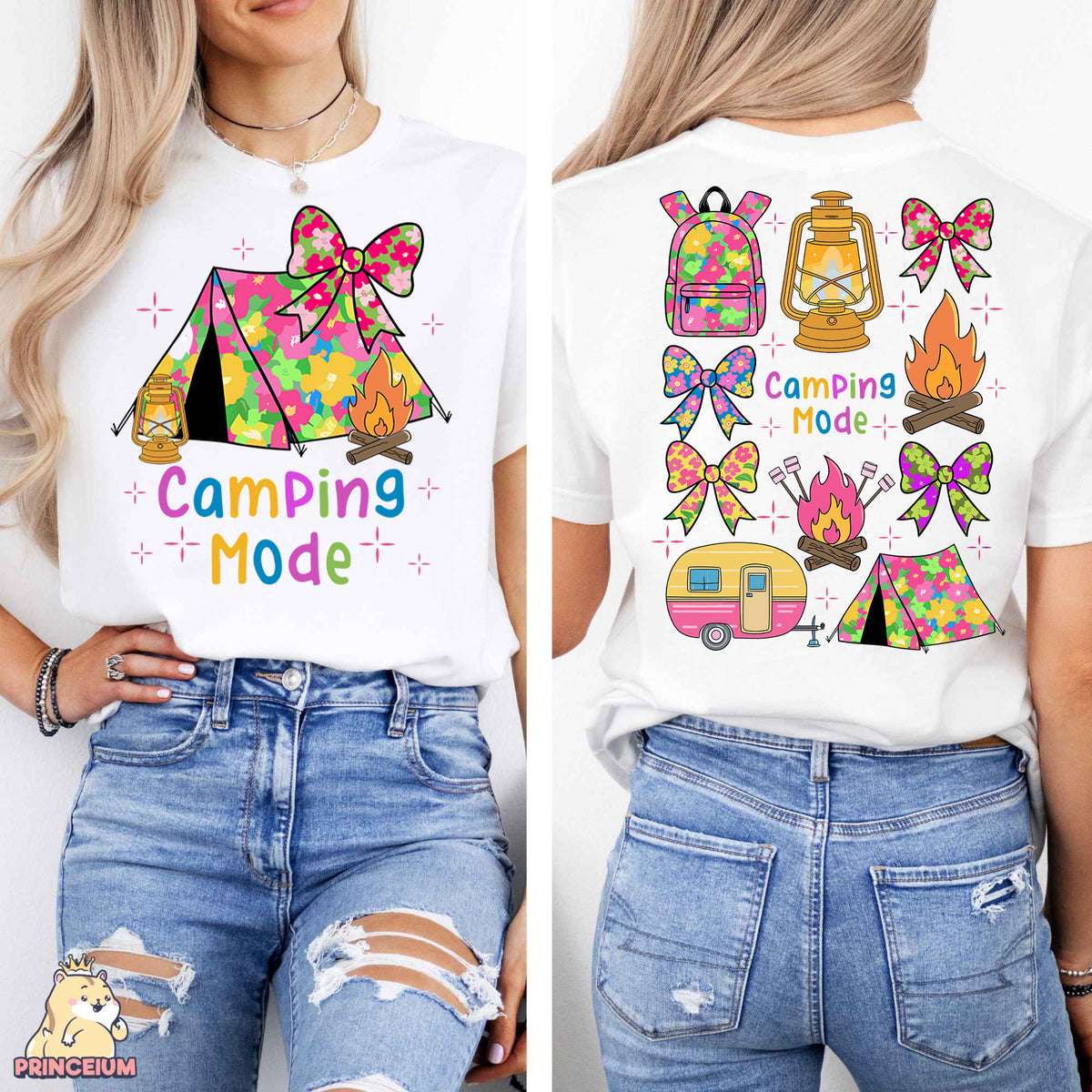 a woman wearing a camping mode t - shirt