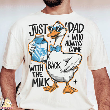 a man wearing a t - shirt that says just a dad who always came with