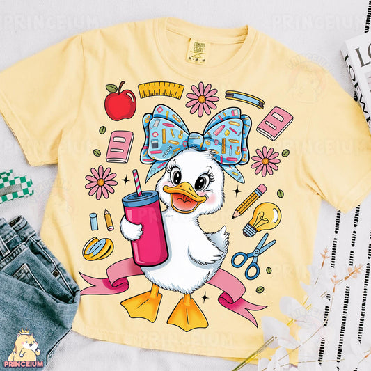 a yellow shirt with a duck holding a cup