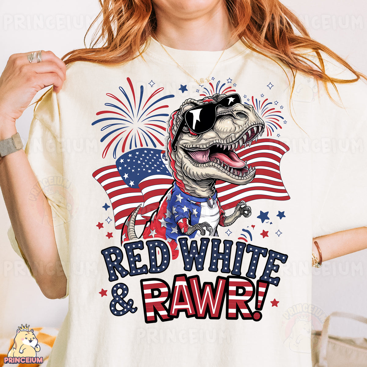 a woman wearing a red, white and rawr t - shirt