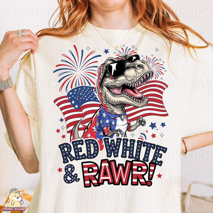 a woman wearing a red, white and rawr t - shirt