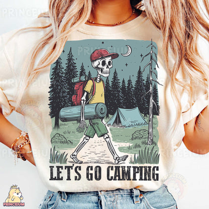 a woman wearing a t - shirt that says let's go camping