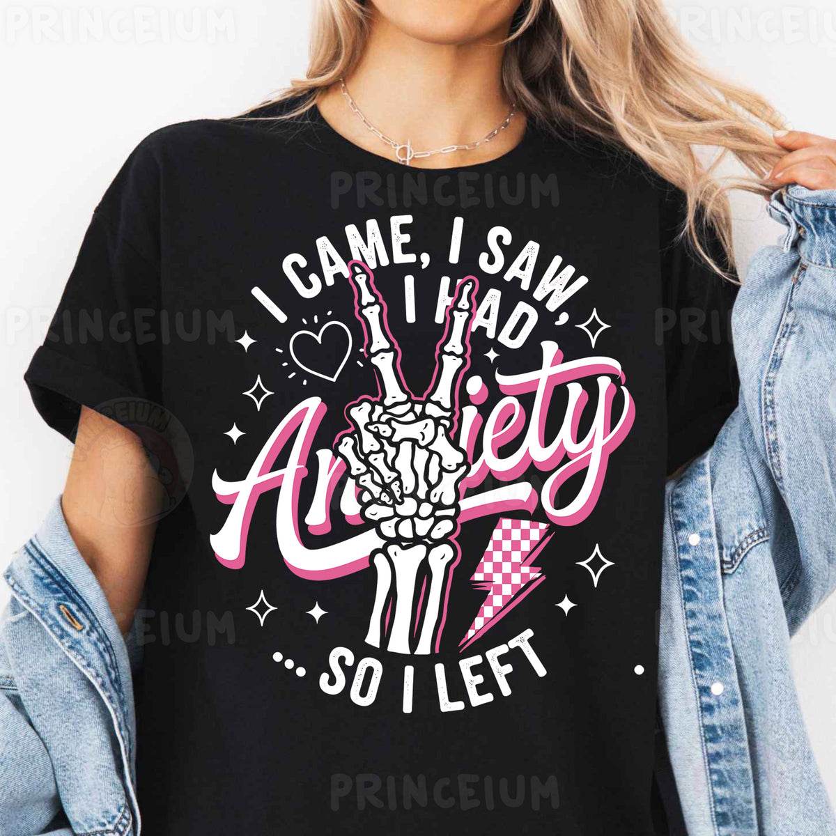 a woman wearing a black t - shirt that says i came i saw i had