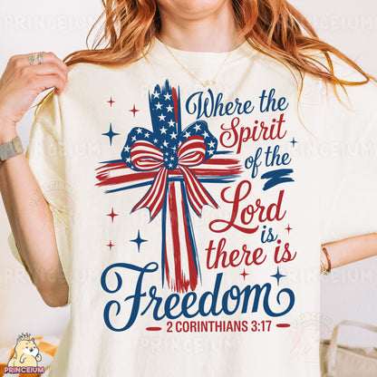 a woman wearing a t - shirt that says, where the spirit of the lord
