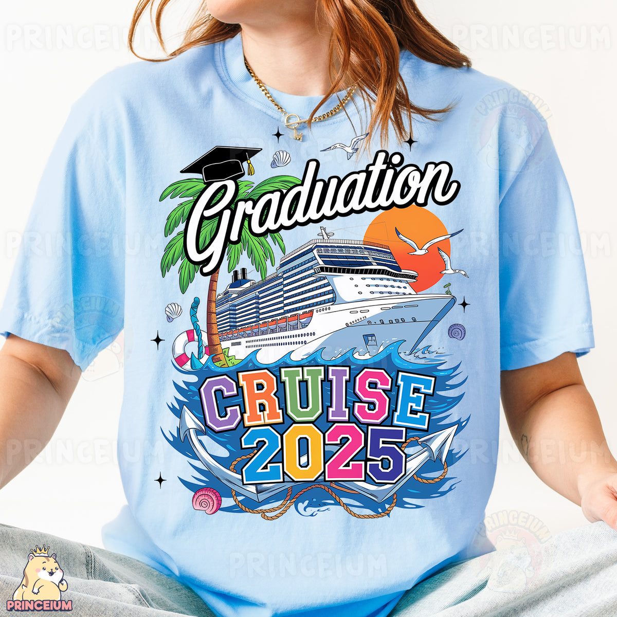 a girl wearing a blue graduation t - shirt with a cruise ship on it