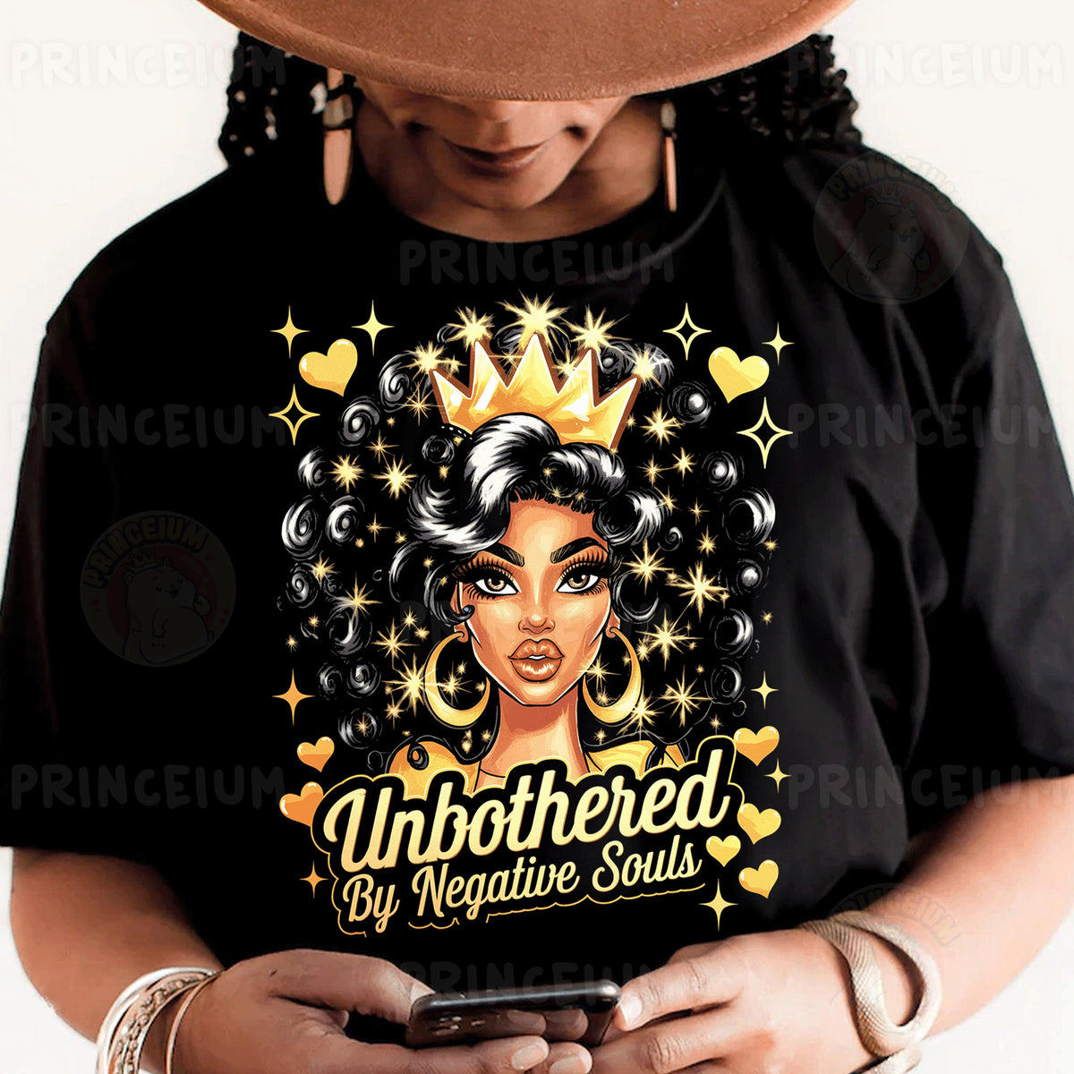 a woman wearing a black shirt with a crown on her head