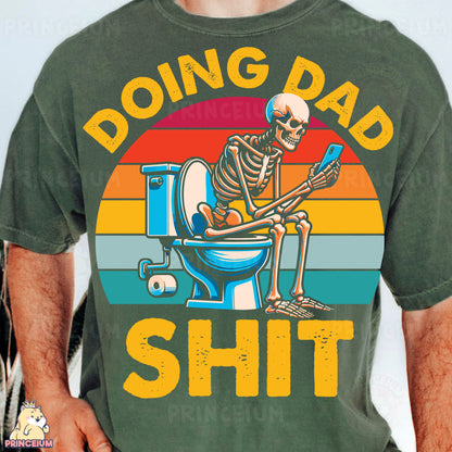 a man wearing a green shirt with a skeleton sitting on a toilet