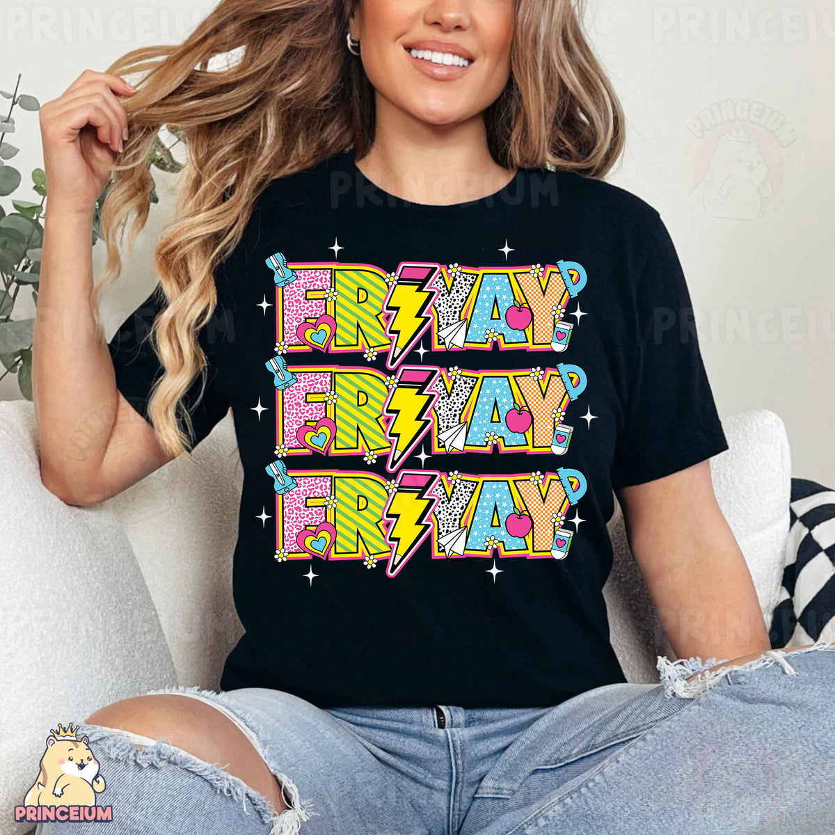 a woman sitting on a couch wearing a t - shirt with the words fris