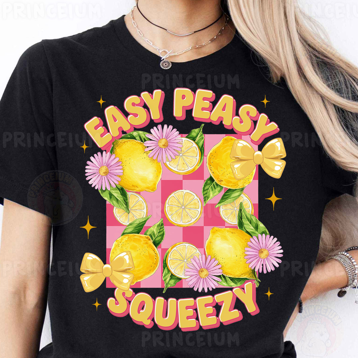 a woman wearing a t - shirt that says easy peasy