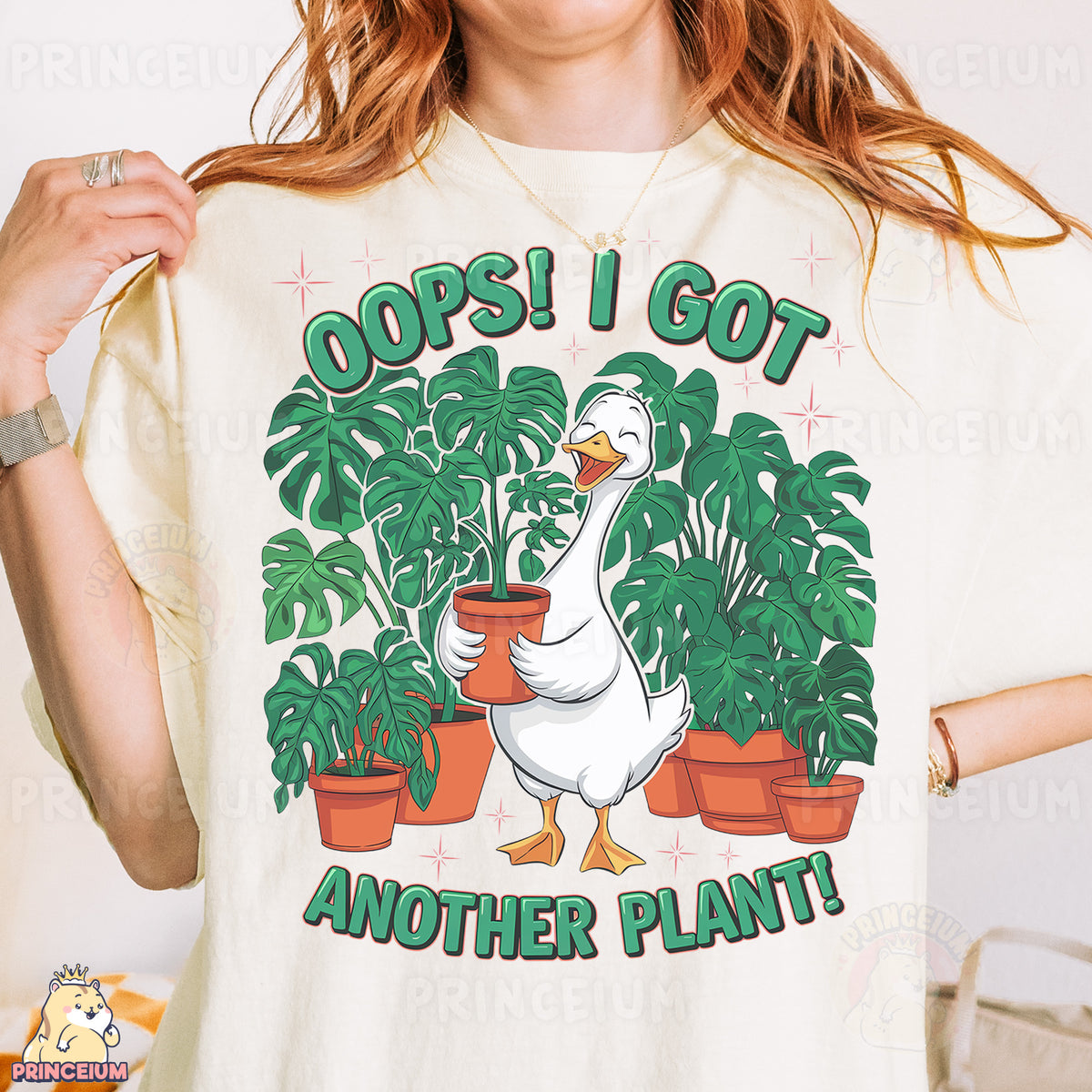 a woman holding a potted plant with a goose on it