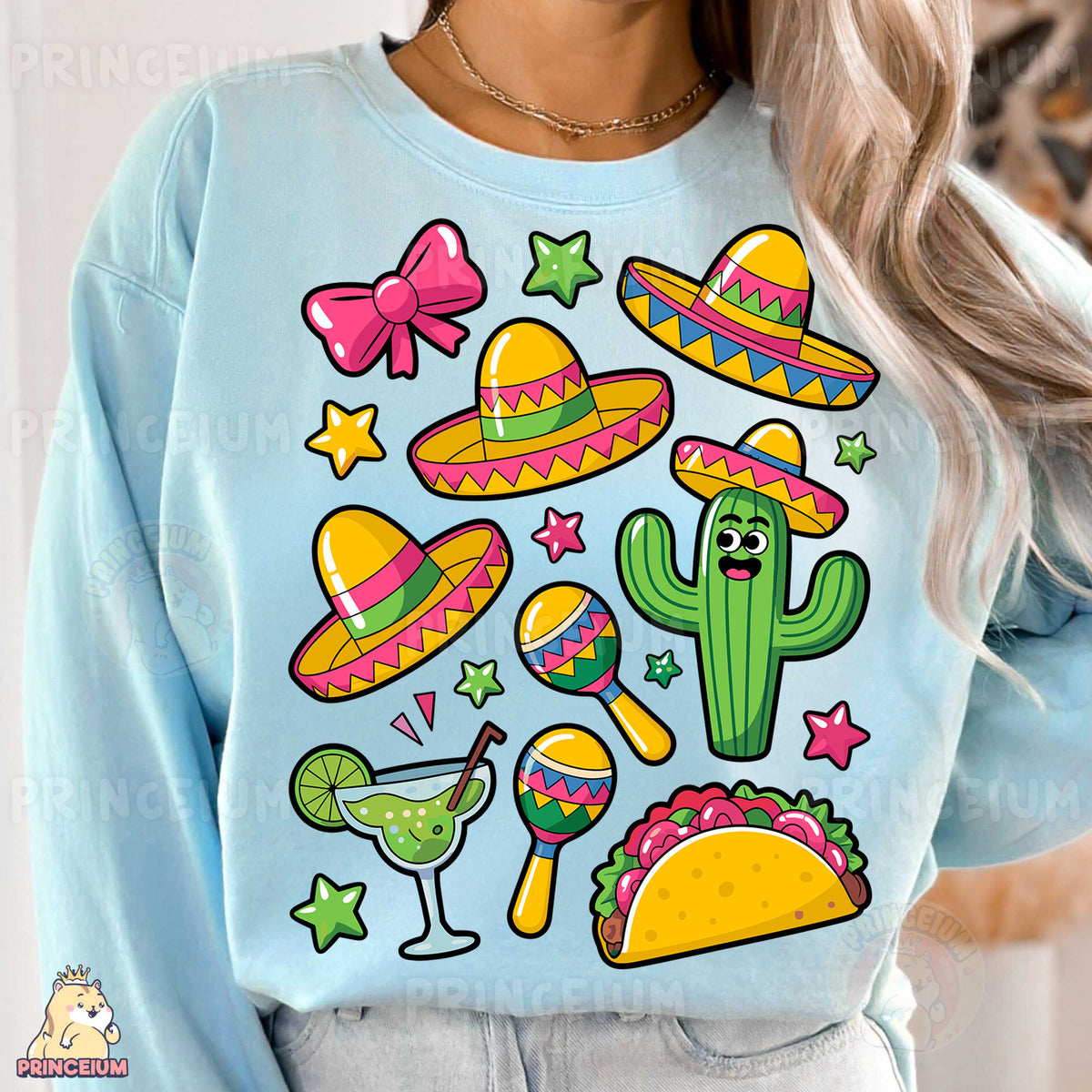 a woman wearing a blue sweatshirt with mexican icons on it
