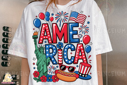 a woman wearing a t - shirt that says america