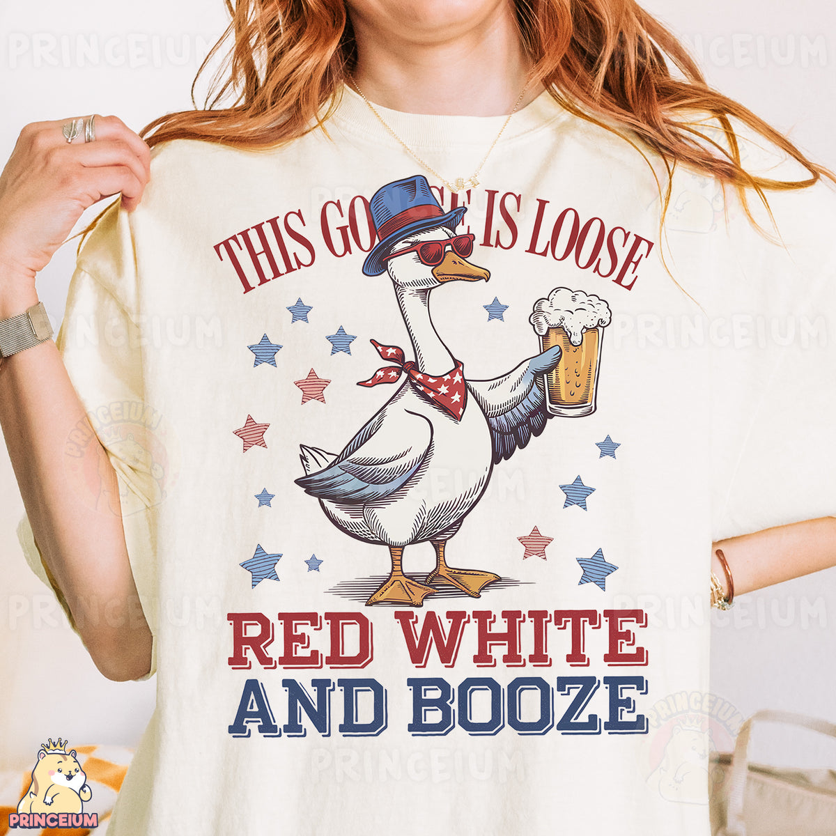 a woman wearing a red white and booze shirt