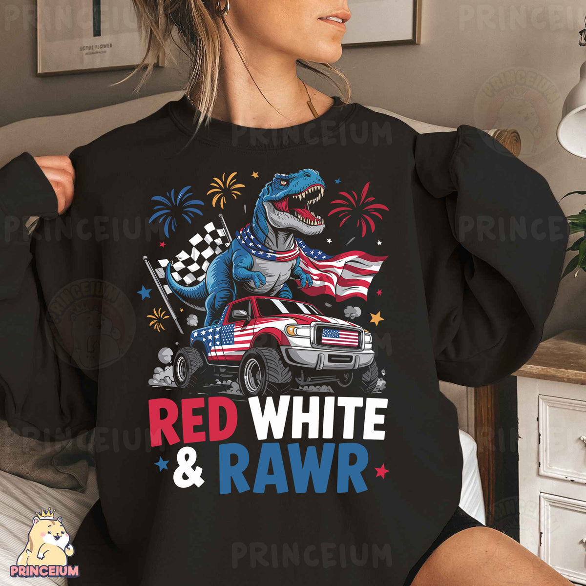 a woman wearing a black shirt with a red, white and blue dinosaur on it